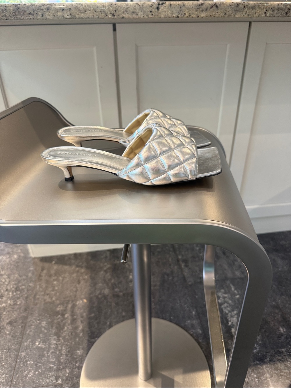 Bottega Veneta Quilted Padded Metallic Silver Slide 1 1/2” kitten heel - Picture 4 of 11